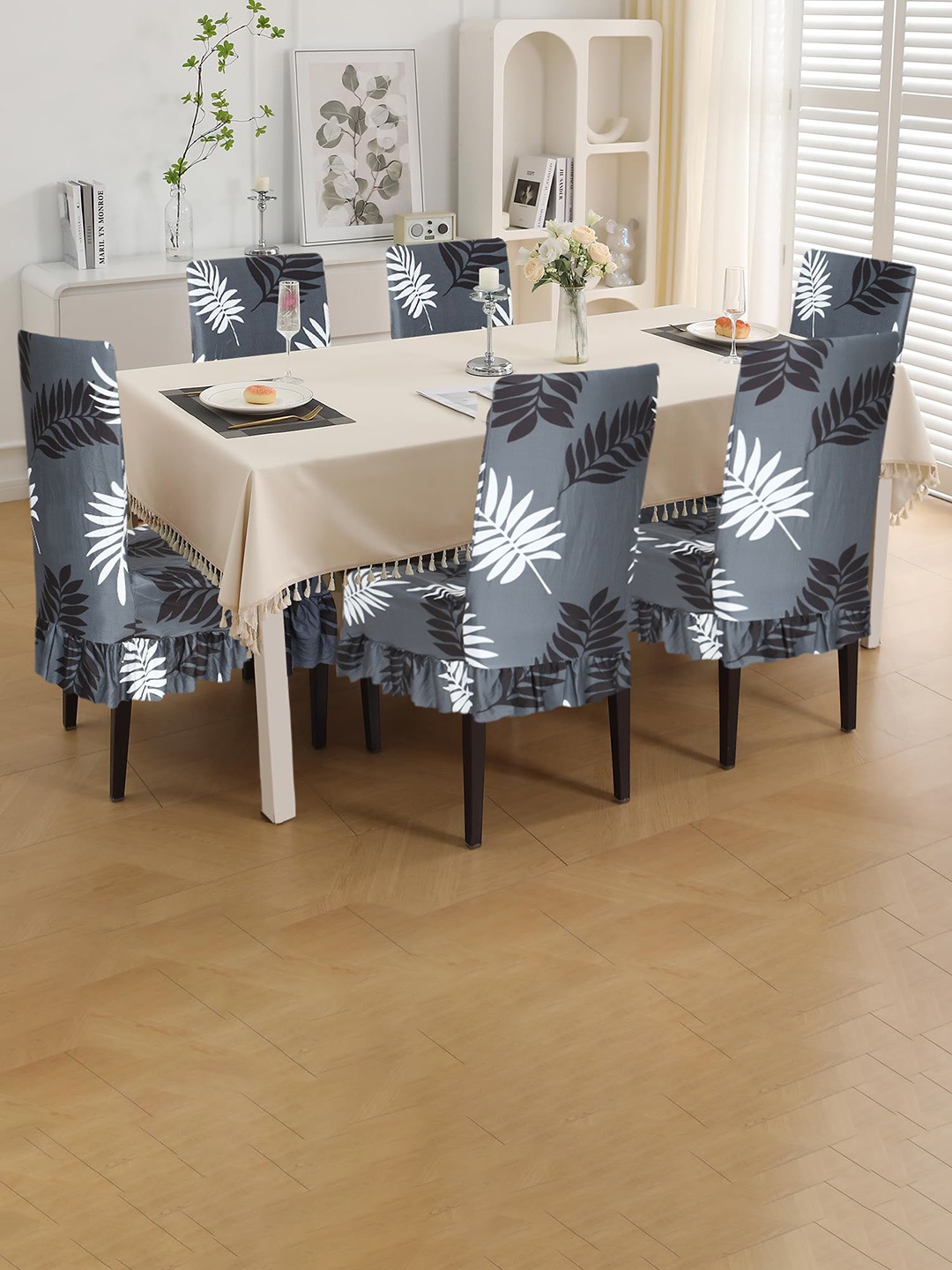 

Dakshya Industries 6-Pcs Grey & White Floral Printed 140 GSM Frill Chair Covers