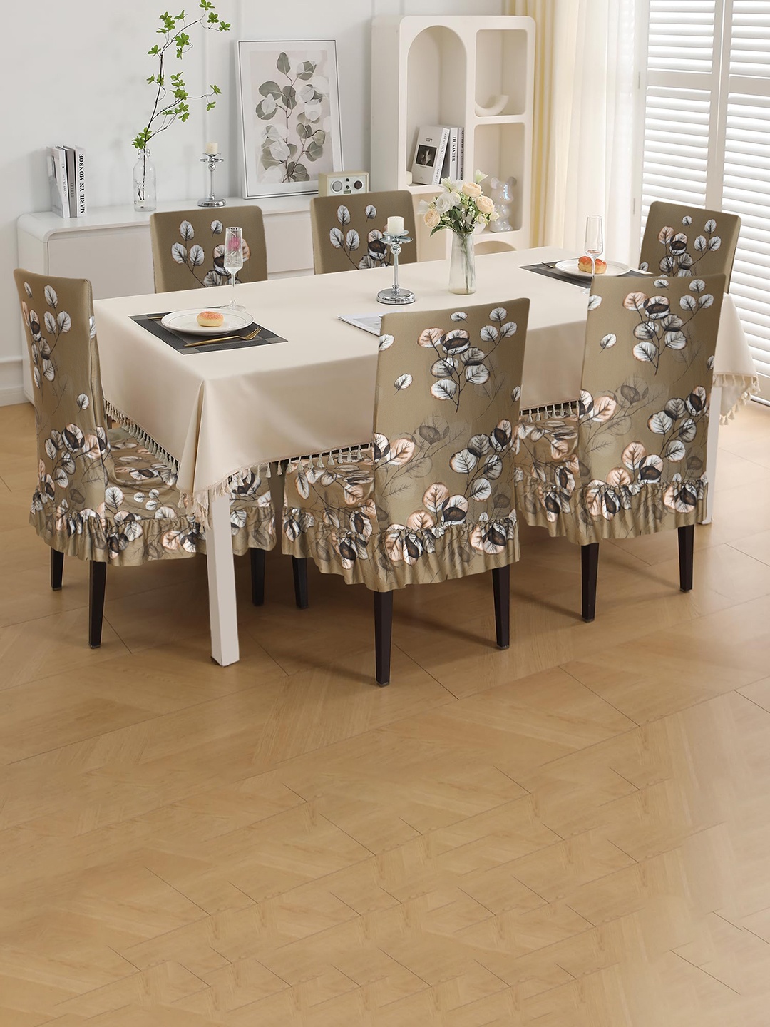 

Dakshya Industries 6-Pcs Brown Printed Stretchable Frill Chair Covers