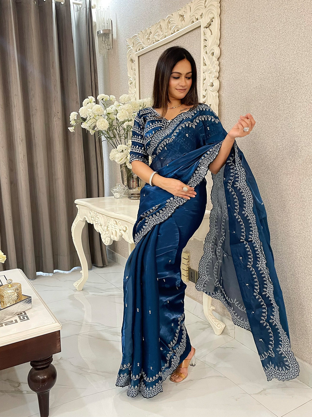 

LeeliPeeri Designer Floral Embroidered Heavy Work Saree, Navy blue