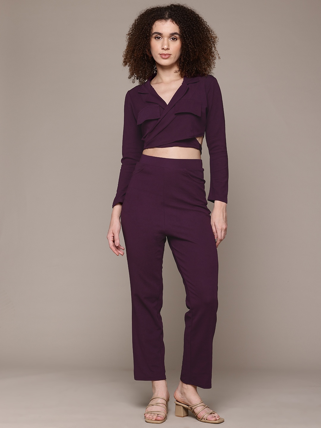 

The Roadster Lifestyle Co. Crop Wrap Top With Trousers, Purple