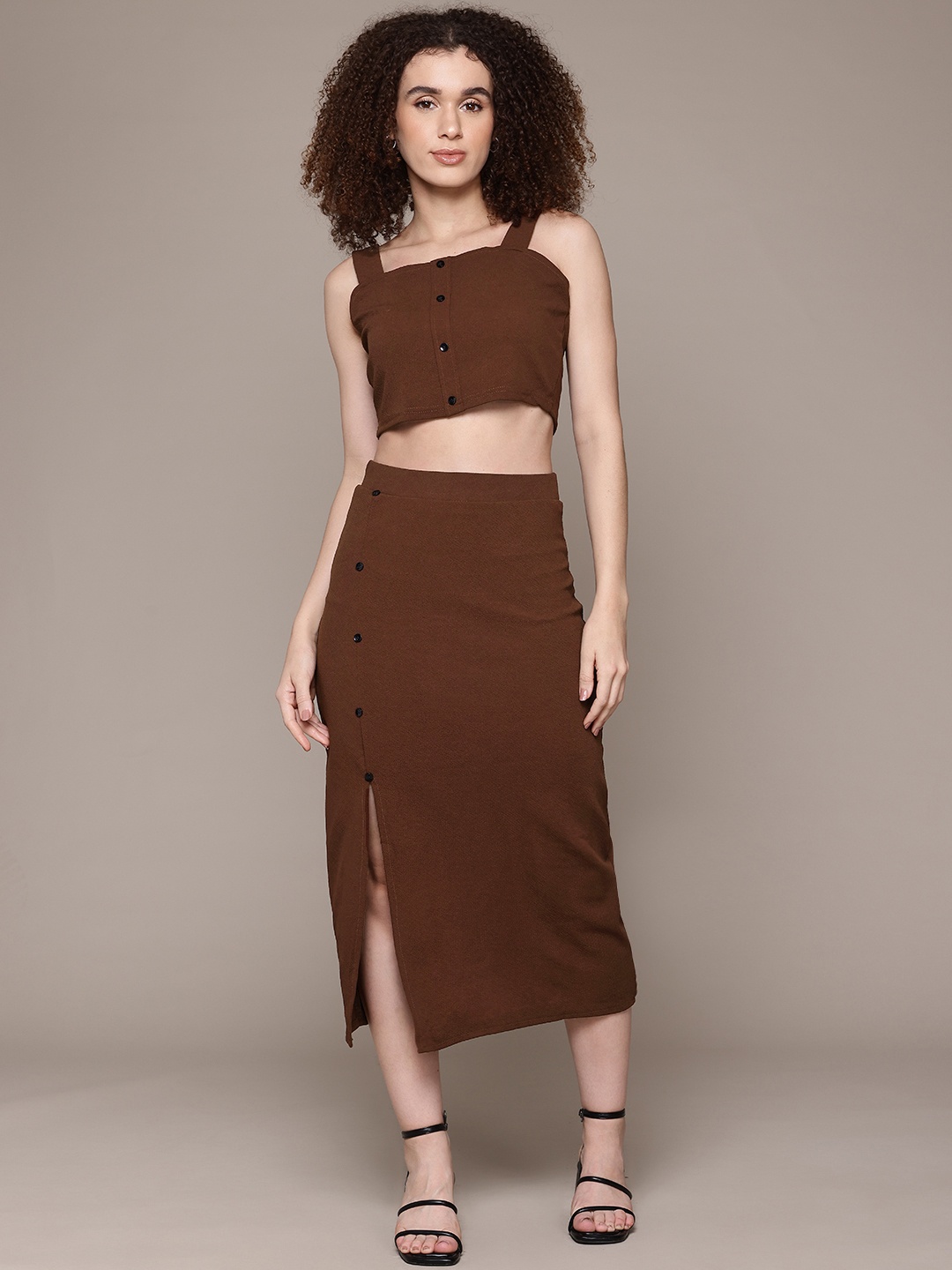 

The Roadster Lifestyle Co. Crop Top With Midi Skirt, Coffee brown