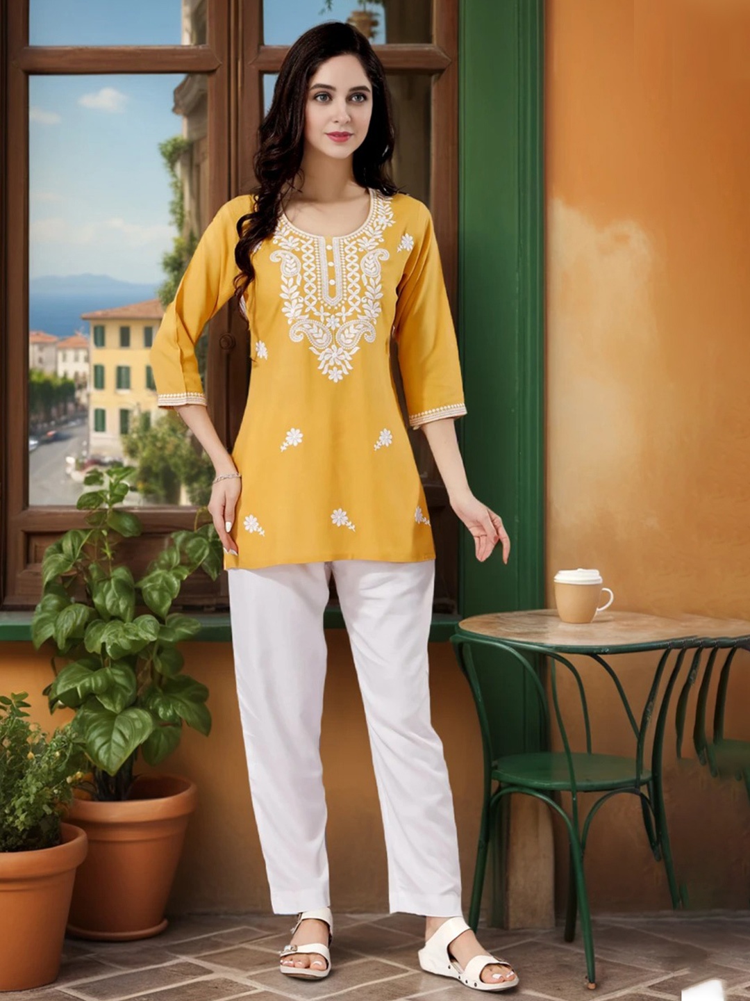 

KALINI Women Floral Embroidered Round Neck Chikankari Kurti, Yellow