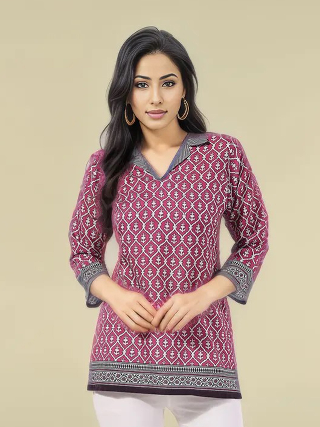 KALINI Women Geometric Printed Shirt Collar Kurti, Pink