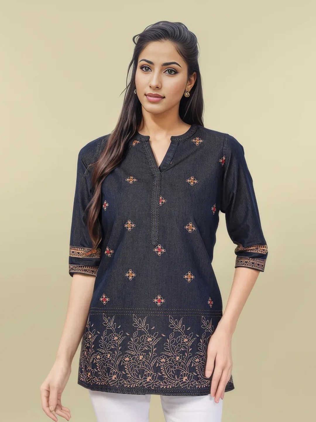 

KALINI Embroidered Thread Work Denim Kurti, Blue