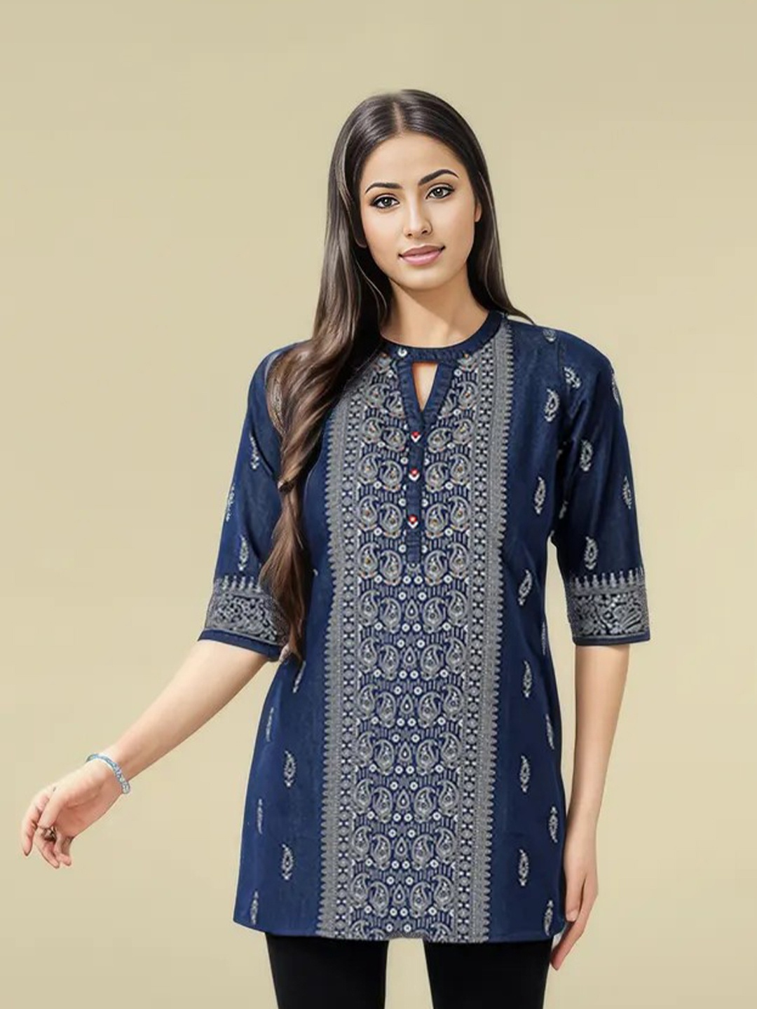 

KALINI Women Printed Denim Tunic, Blue