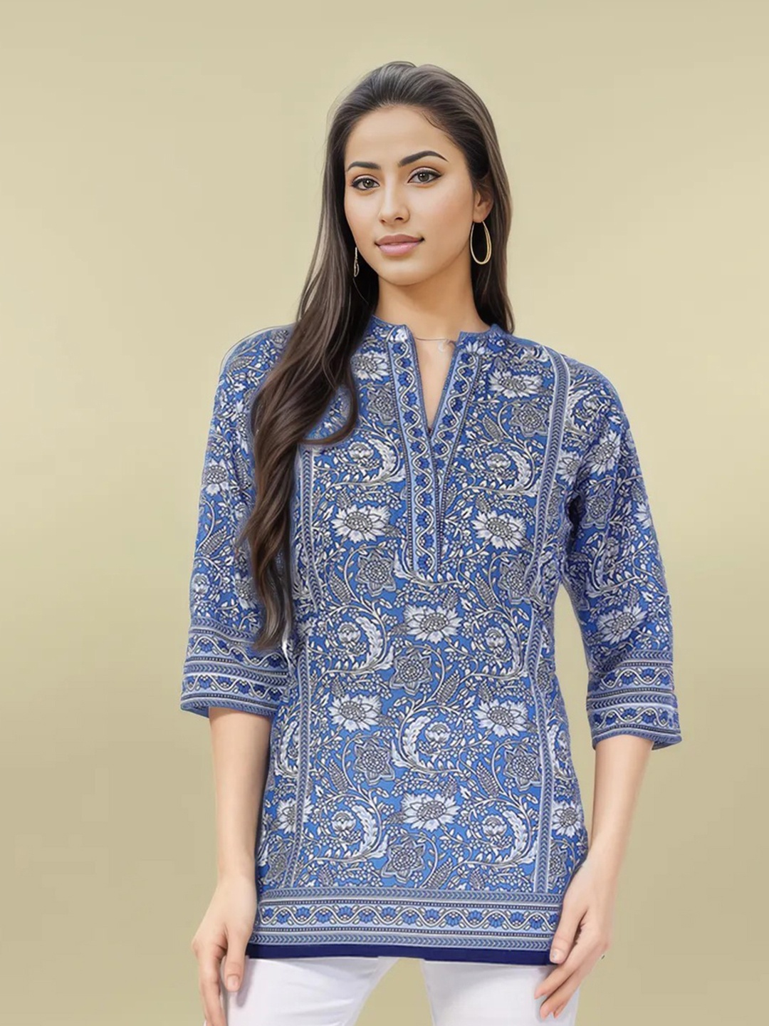 

KALINI Women Floral Printed Mandarin Collar Kurti, Blue