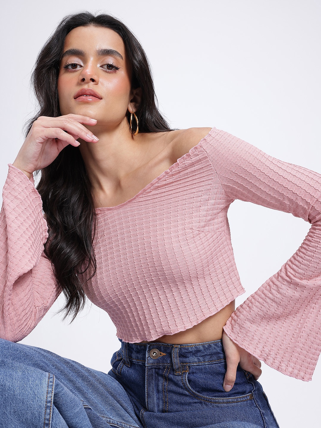 

glitchez Flare Goals Textured Crop Bardot Top, Pink