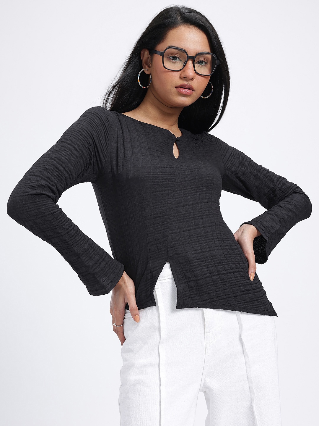 

glitchez Eclipsed Edge Seersucker Asymmetric Hem Flounced Sleeve Top, Black