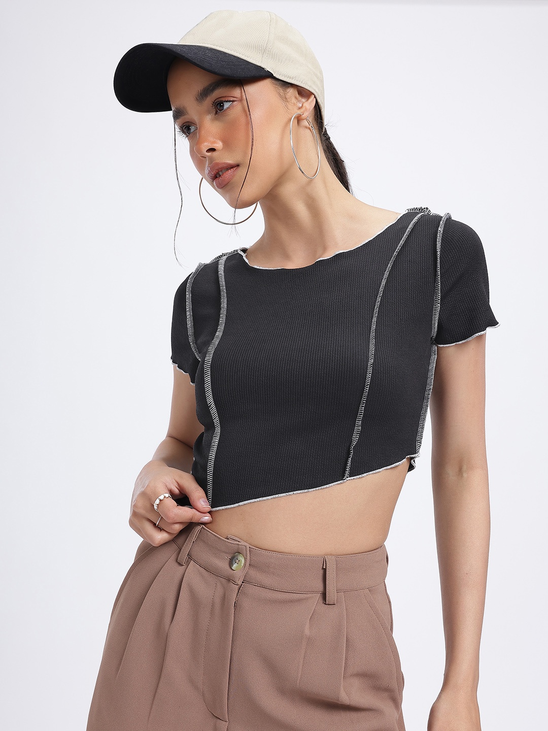 

glitchez Fragmented Noir Asymmetric Hem Ribbed Crop Top, Black