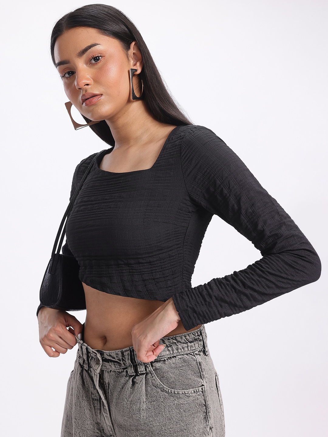 

glitchez Adorable Allure Self-Design Asymmetric Crop Top, Black