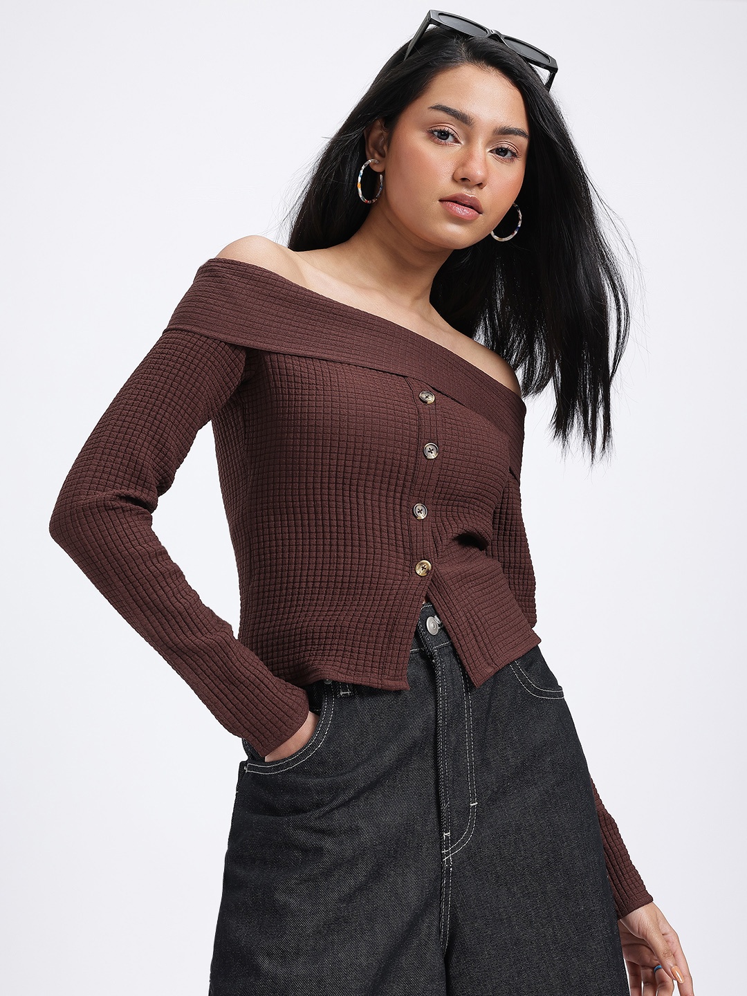 

glitchez Gridlocked Ease Textured Bardot Top, Brown
