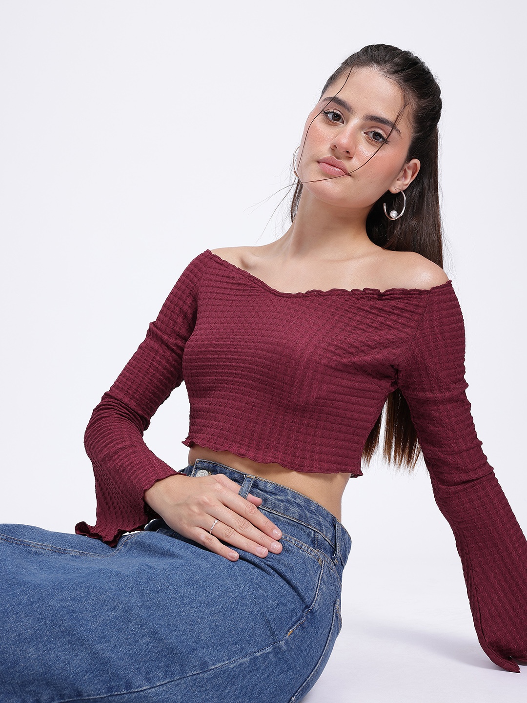 

glitchez Crop Edge Flare Sleeve Textured Bardot Top, Maroon