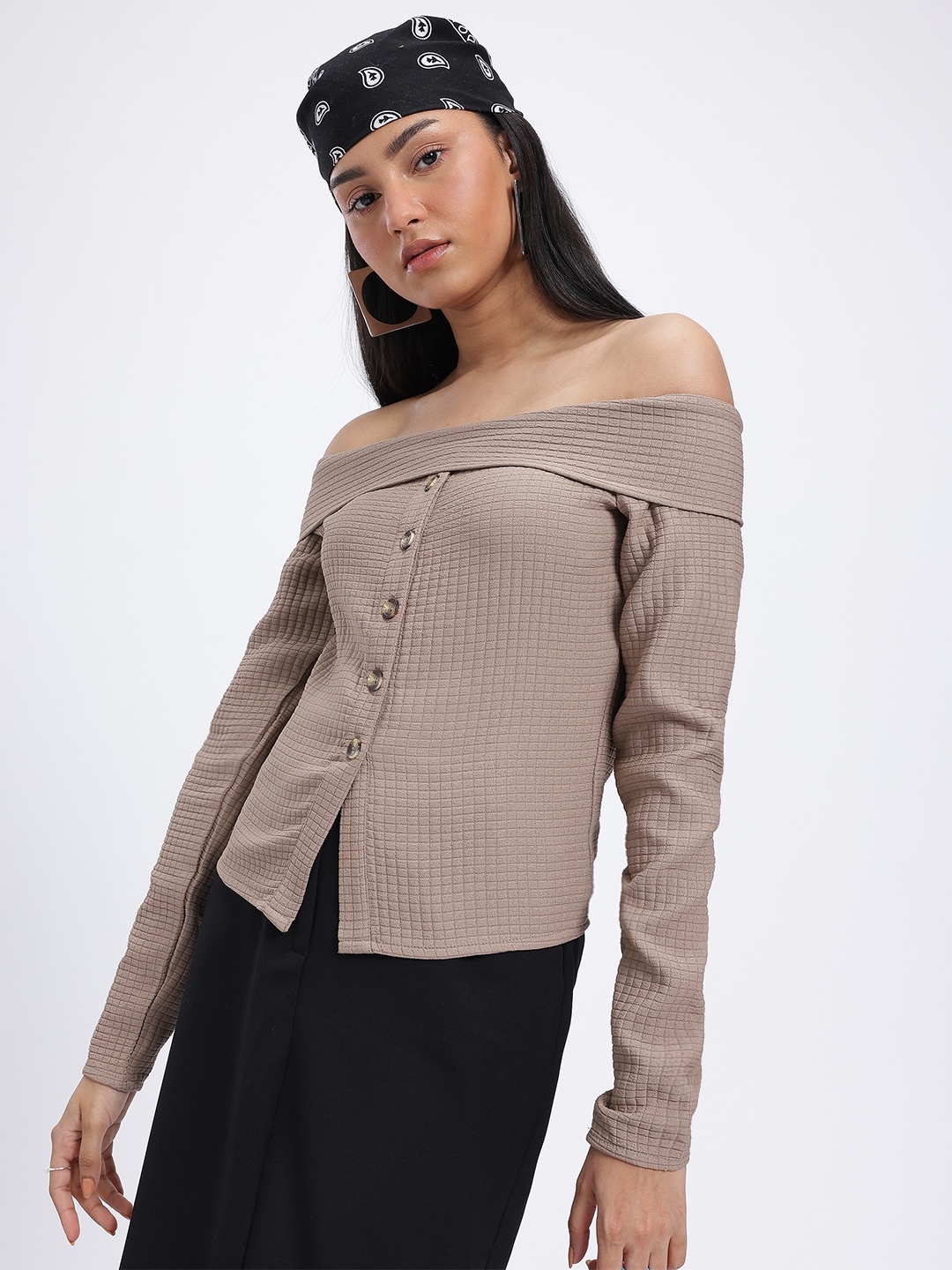 

glitchez Unfolded Grid Textured Bardot Top, Beige