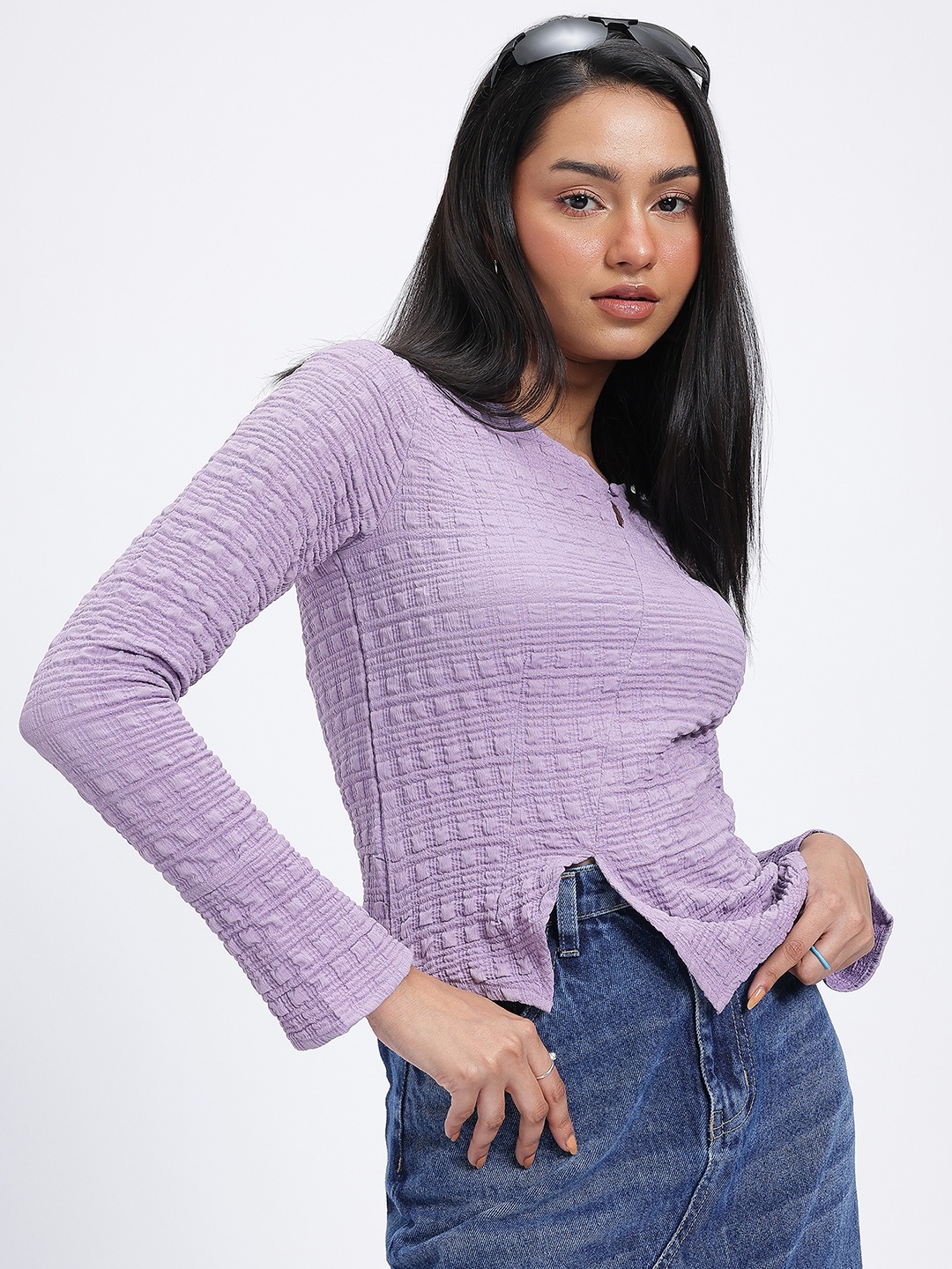 

glitchez Unscripted Ease Seersucker Textured Asymmetric Hem Top, Purple