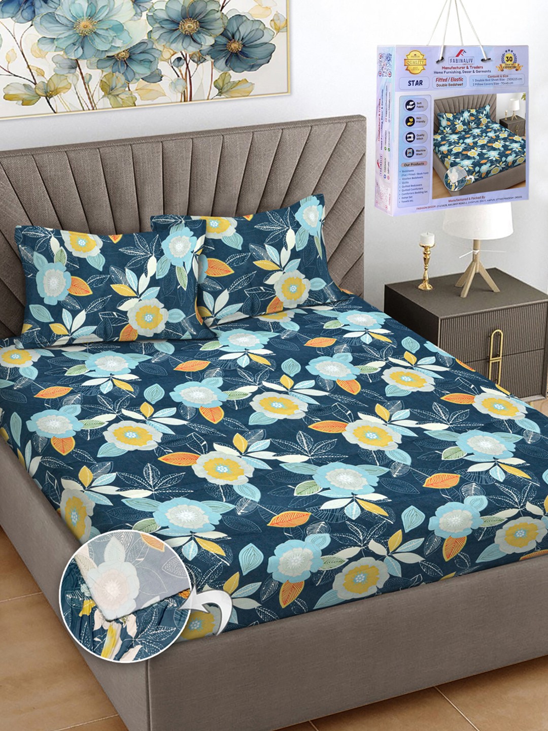 

FABINALIV Blue & Yellow Floral Printed 300 TC King Bedsheet Set-2.50 m X 2.25 m
