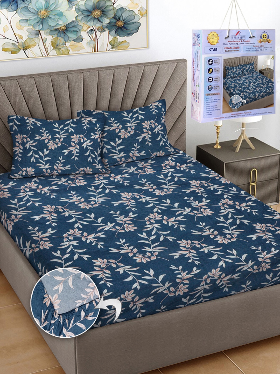 

FABINALIV Blue & White Floral Printed 300 TC King Bedsheet Set-2.50 m X 2.25 m