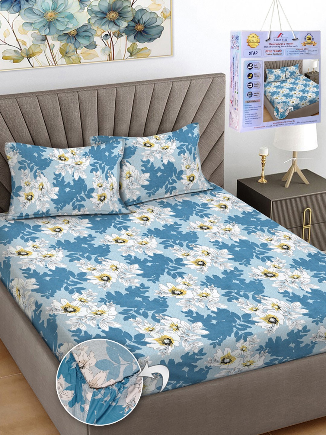 

FABINALIV Blue & White Floral Printed 300 TC King Bedsheet Set-2.50 m X 2.25 m