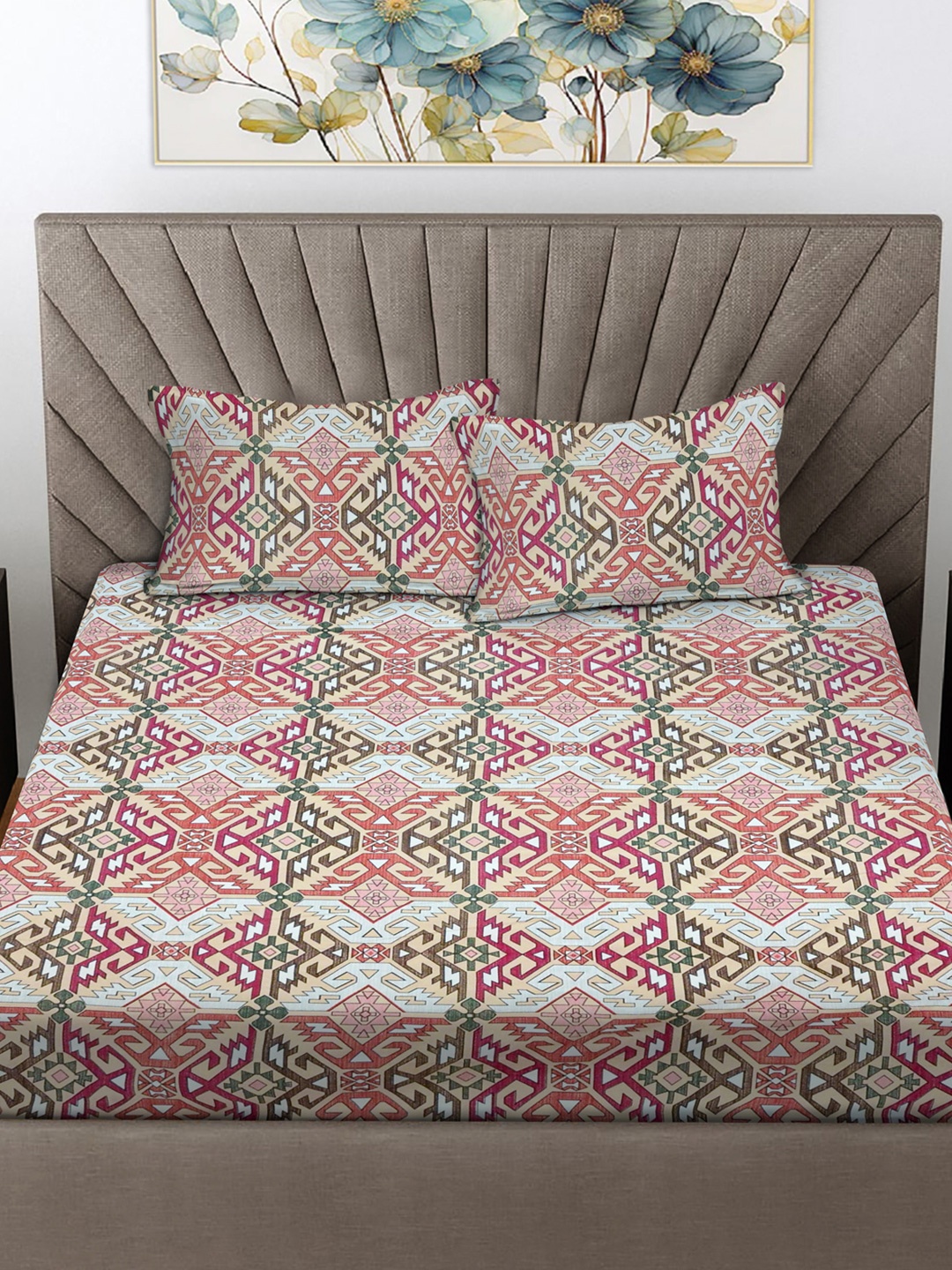 

FABINALIV Pink & Grey Ethnic Motifs Printed 300 TC King Bedsheet Set-2.50 m X 2.25 m