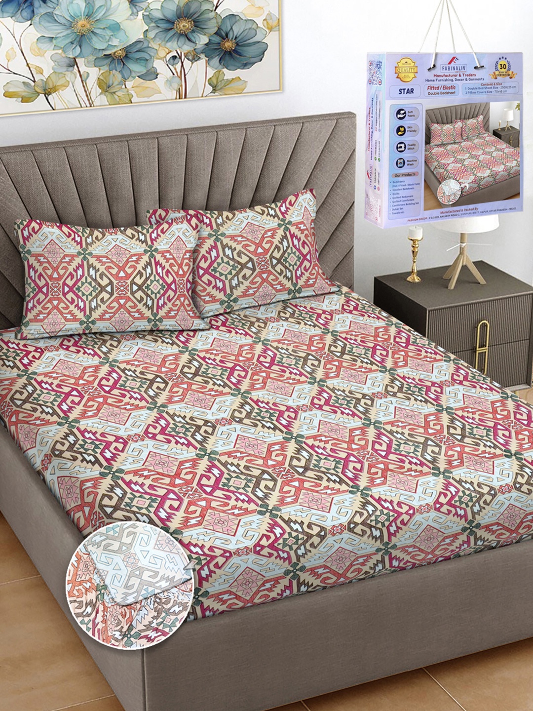 

FABINALIV Pink & Grey Ethnic Motifs Printed 300 TC King Bedsheet Set-2.50 m X 2.25 m