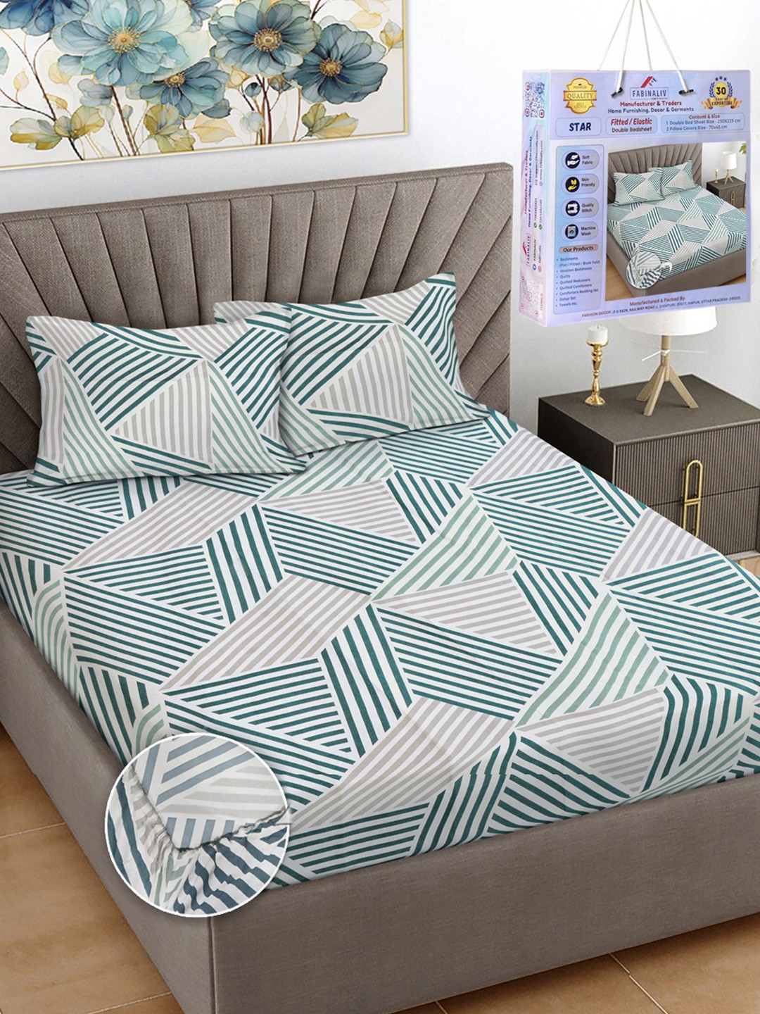 

FABINALIV Green & White Abstract Printed 300 TC King Bedsheet Set-2.50 mX 2.25 m