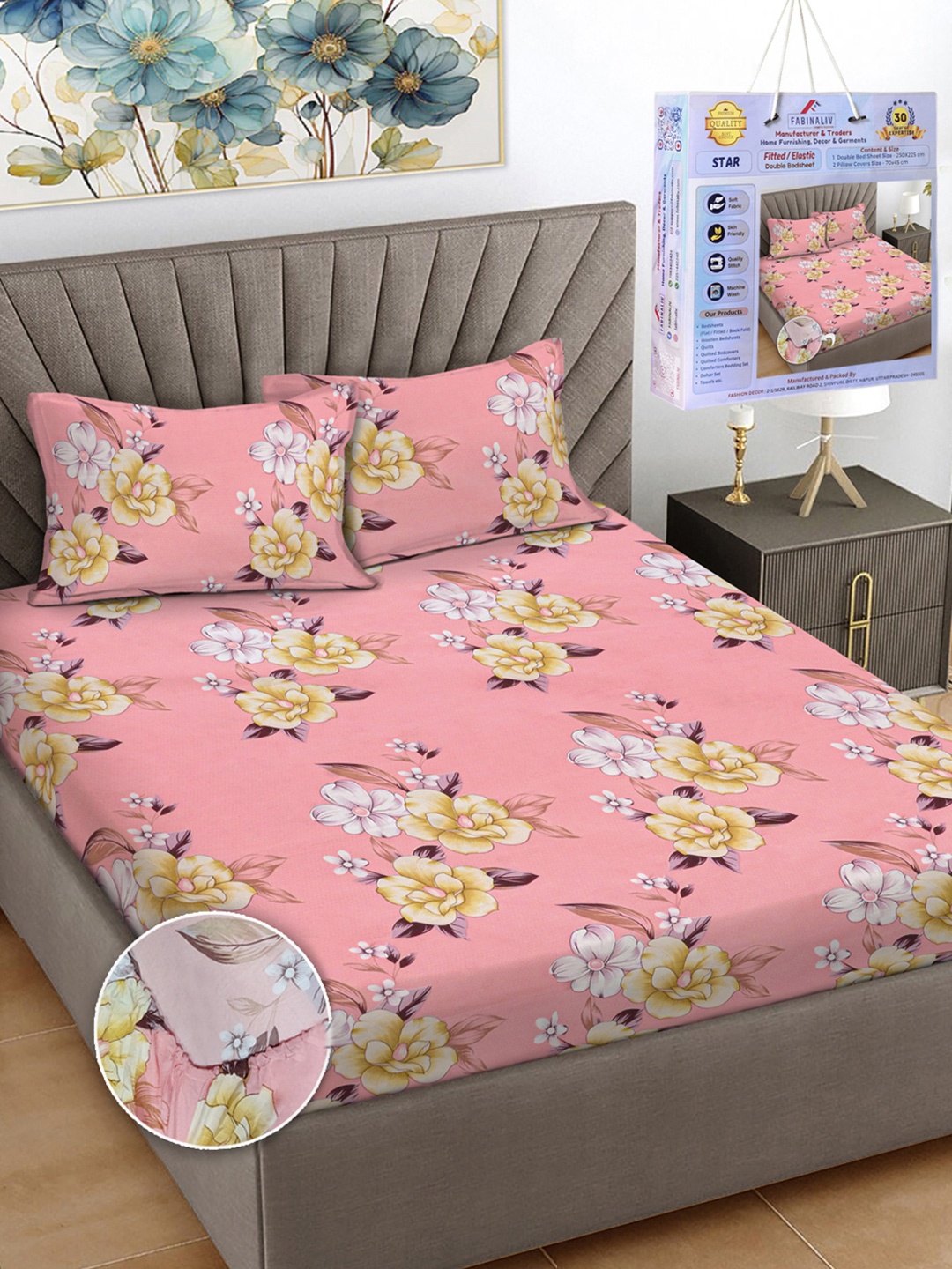 

FABINALIV Pink & Yellow Floral Printed 300 TC King Bedsheet Set-2.50 m X 2.25 m