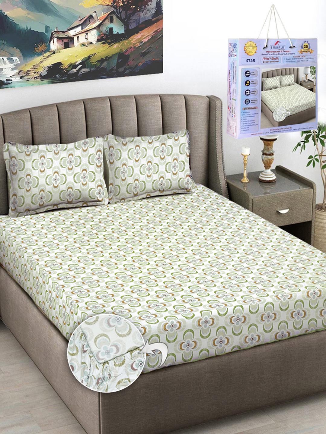 

FABINALIV Green Floral Printed 300 TC King Bedsheet Set-2.50 m X 2.25 m