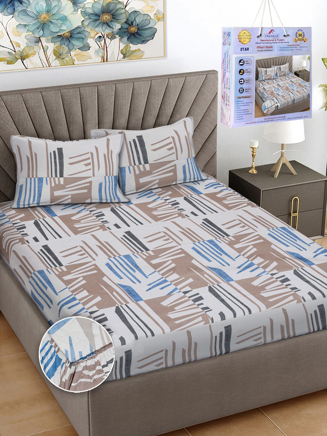 

FABINALIV White & Blue Abstract Printed 300 TC King Bedsheet Set-2.50 m X 2.25 m