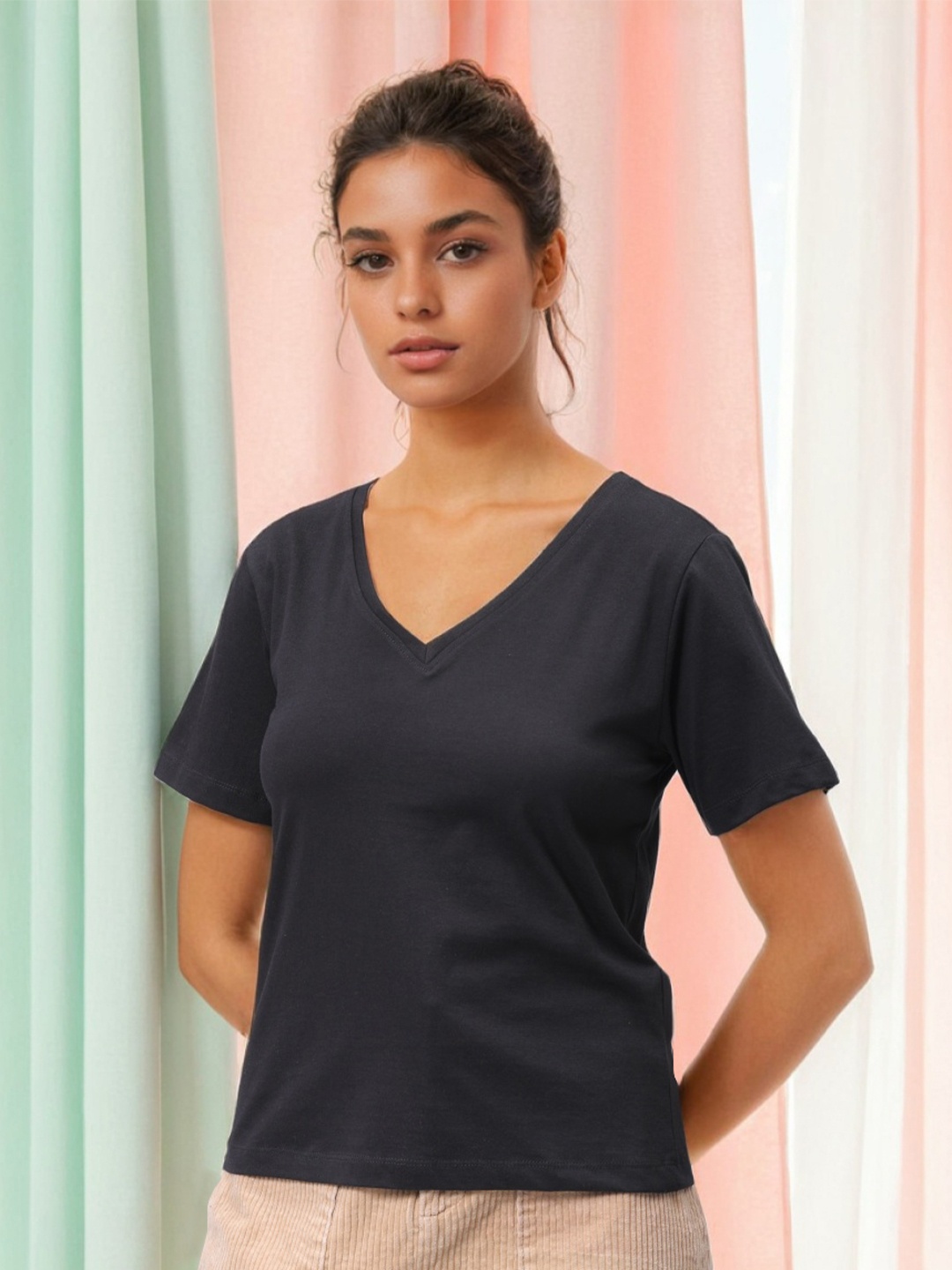 

Freehand by The Indian Garage Co Women V-Neck Pockets T-shirt, Black