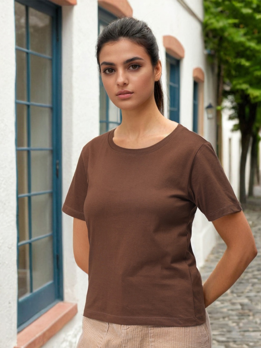 

Freehand by The Indian Garage Co Women Drop-Shoulder Sleeves Pockets T-shirt, Brown