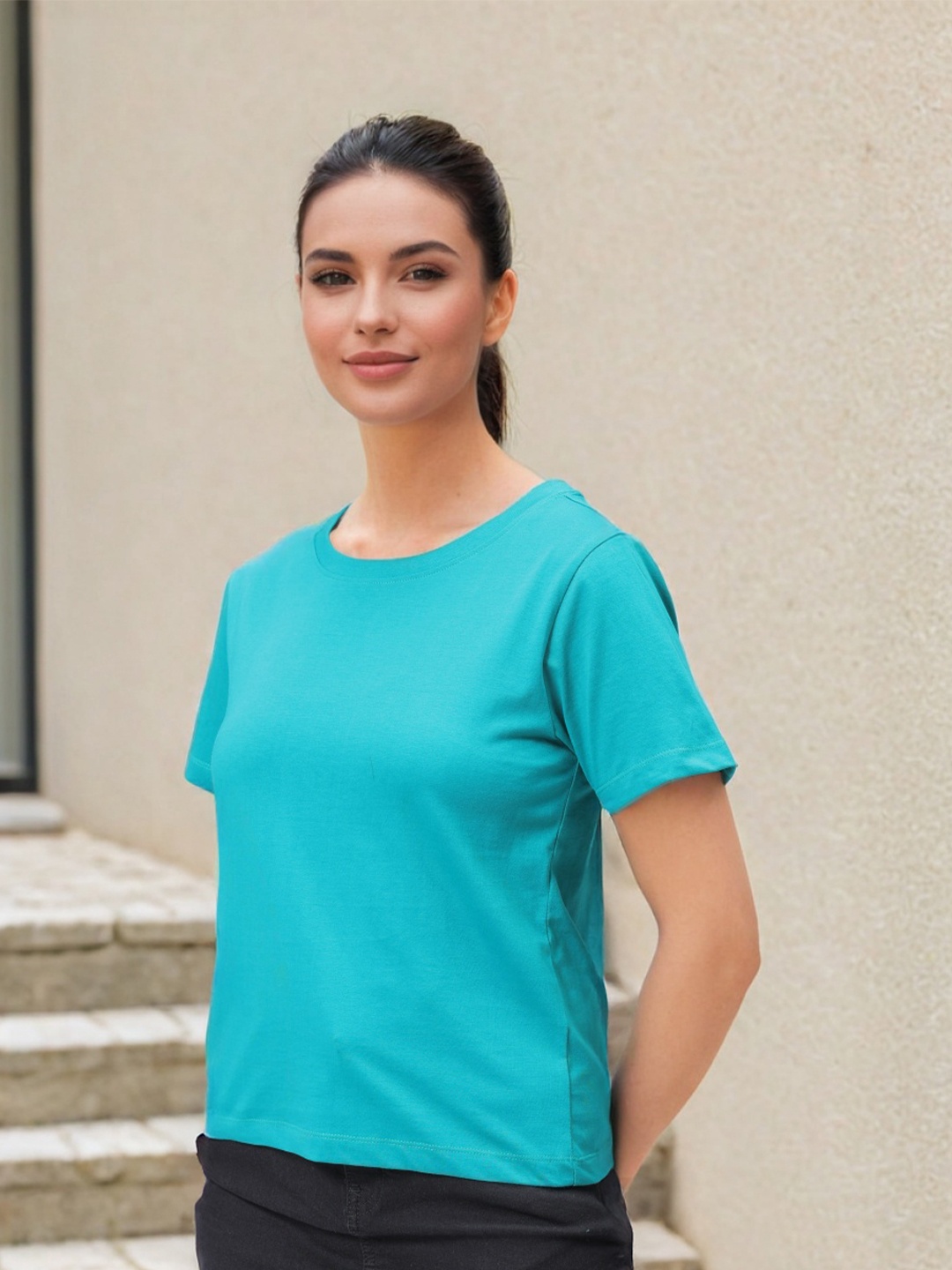 

Freehand by The Indian Garage Co Women Extended Sleeves Pockets T-shirt, Teal