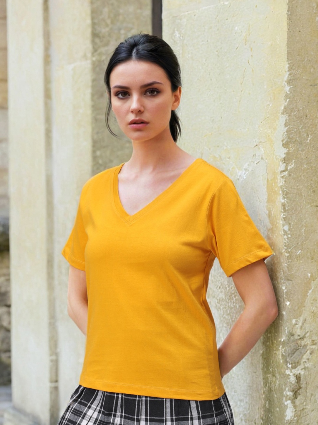 

Freehand by The Indian Garage Co Women V-Neck Drop-Shoulder Sleeves Raw Edge T-shirt, Mustard