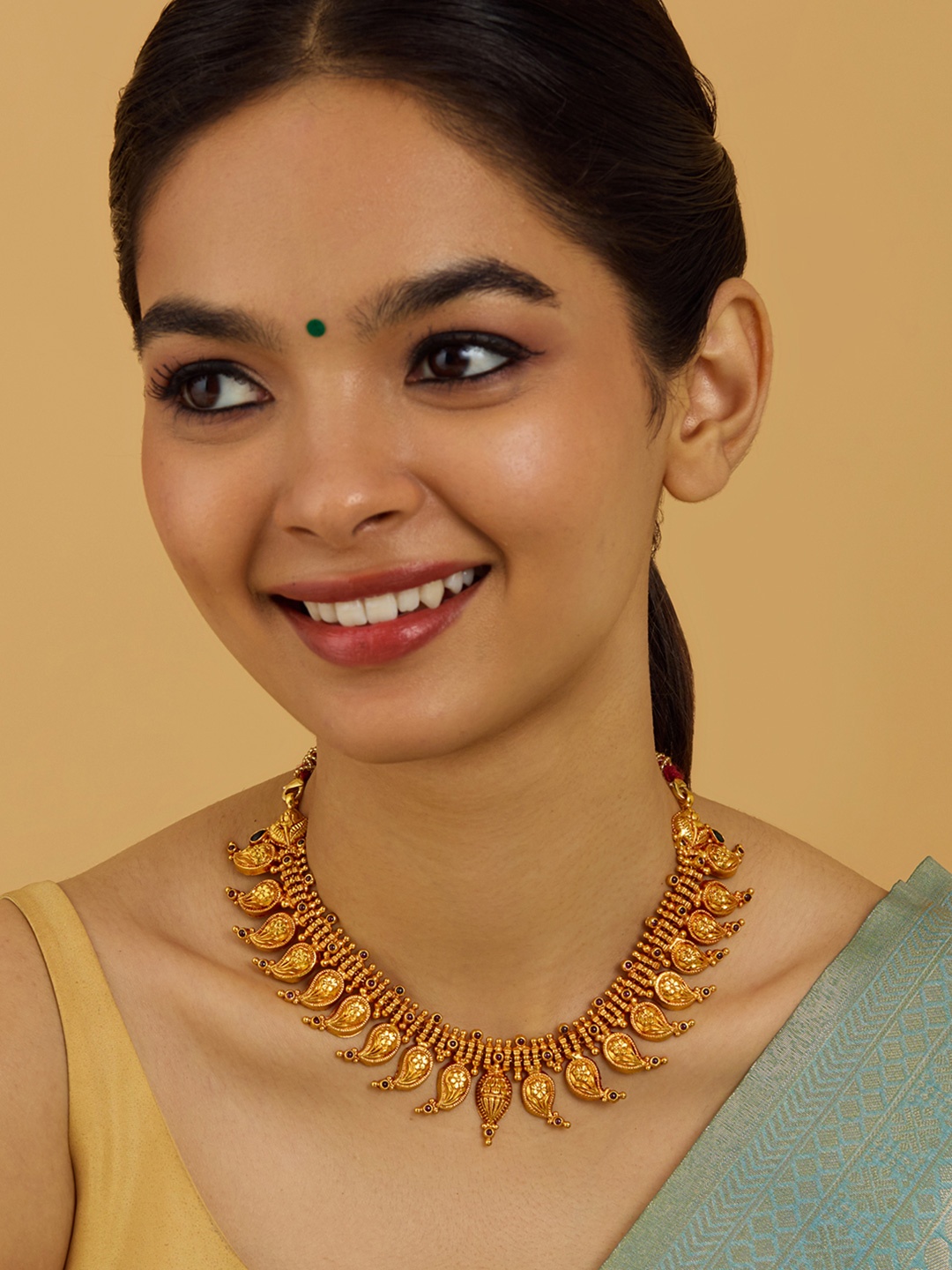 

Kushal's Fashion Jewellery 92.5 Pure Silver Gold-Plated Temple Necklace