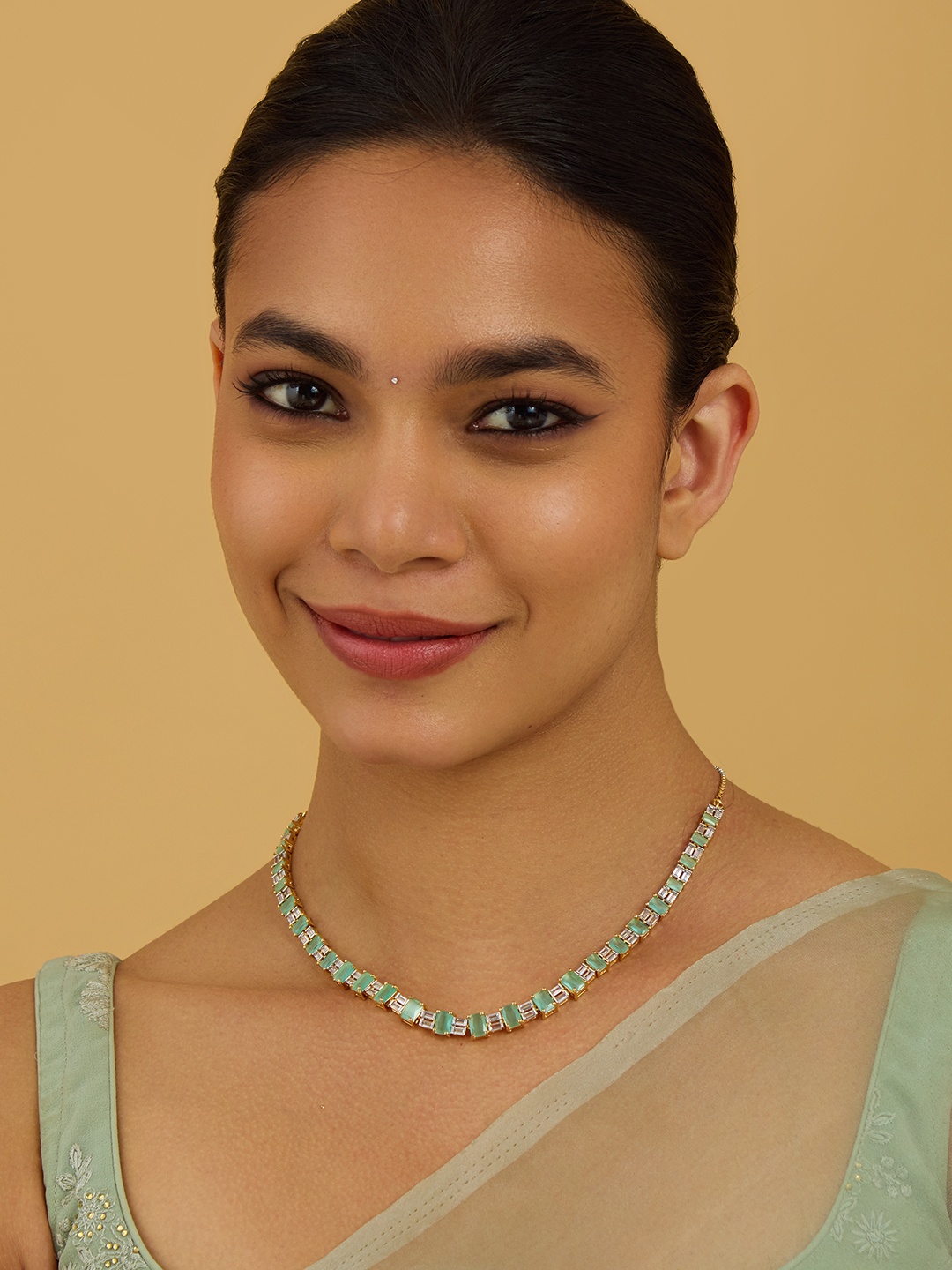 

Kushal's Fashion Jewellery Rhodium Gold-Plated Cubic Zirconia Studded Necklace