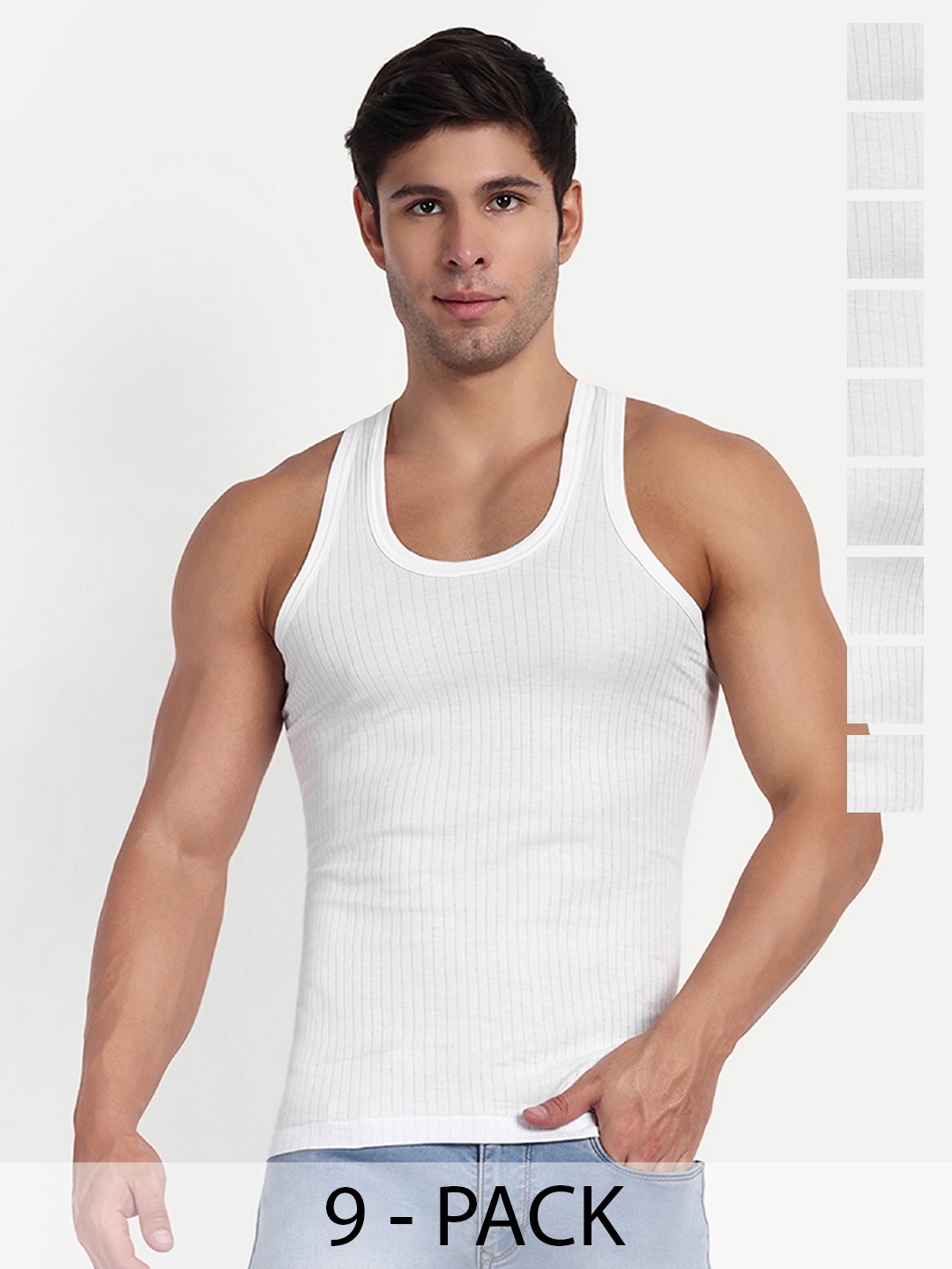 

KANSAL Pack Of 9 Striped Basic Innerwear Vests, White