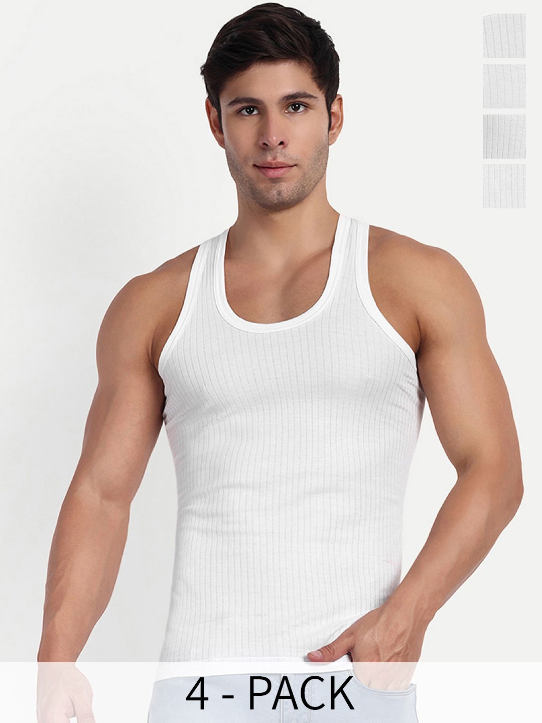 

KANSAL Men Pack Of 4 Striped Cotton Innerwear Vests 16-PARKER_P4, White
