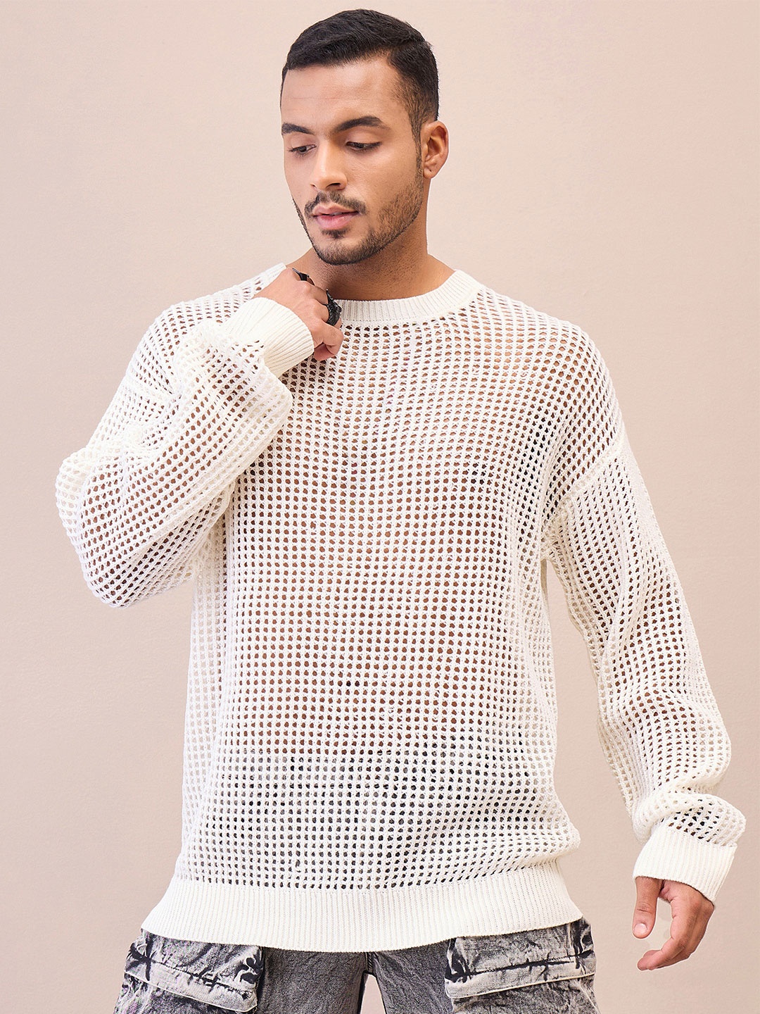 

MASCLN SASSAFRAS Men Self Design Oversize Crochet Pullover, Off white