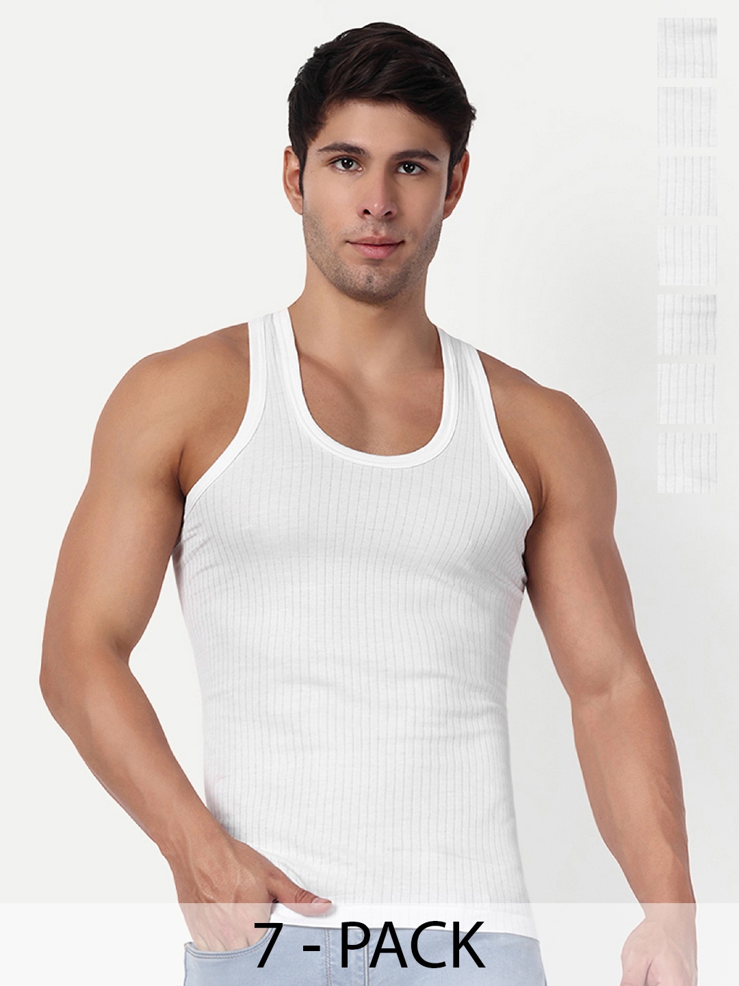 

KANSAL Men Pack Of 7 Scoop Neck Cotton Innerwear Vests, White