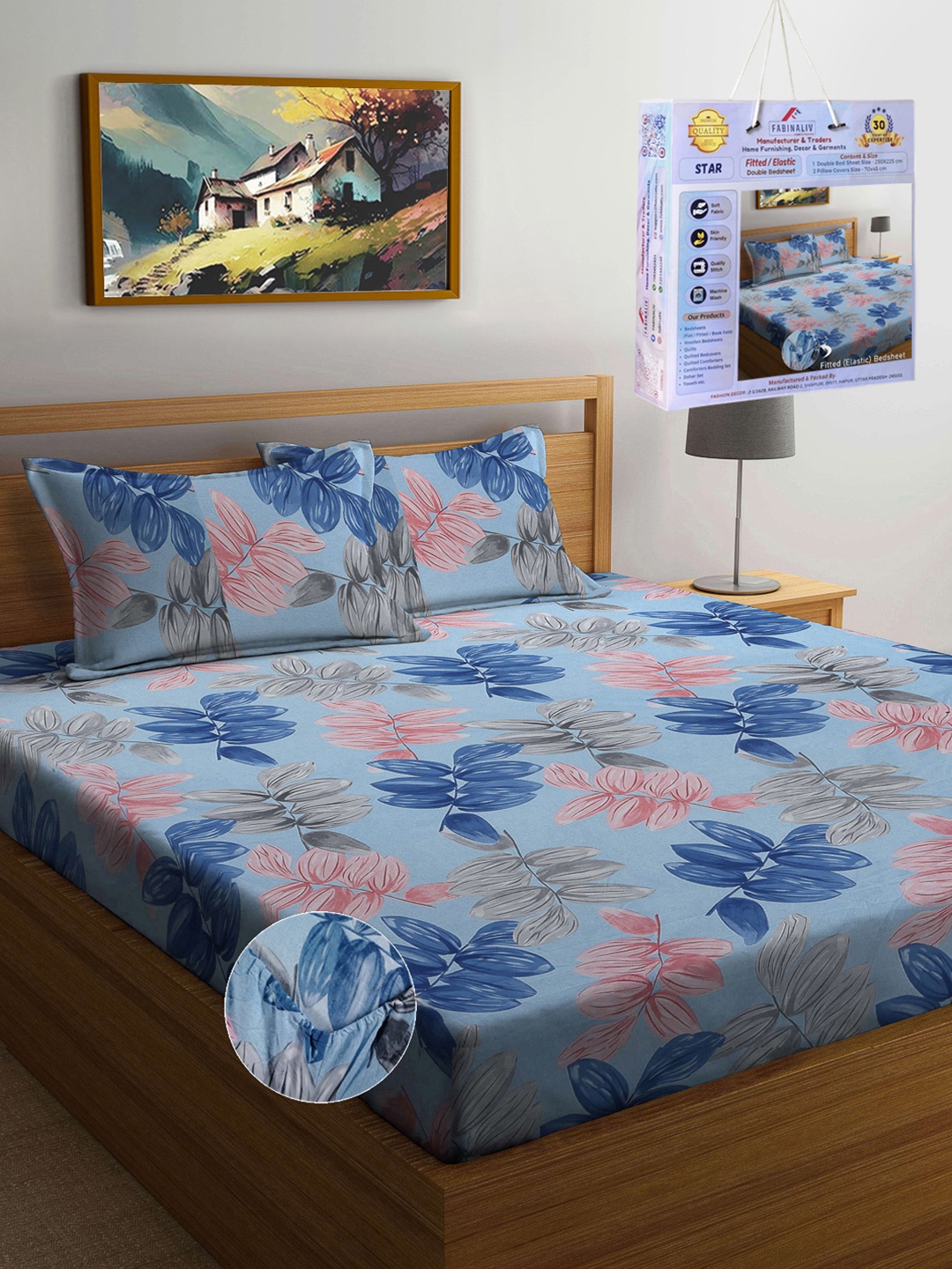 

FABINALIV Blue & Pink Floral Printed 300 TC King Bedsheet Set-2.50 m X 2.25 m