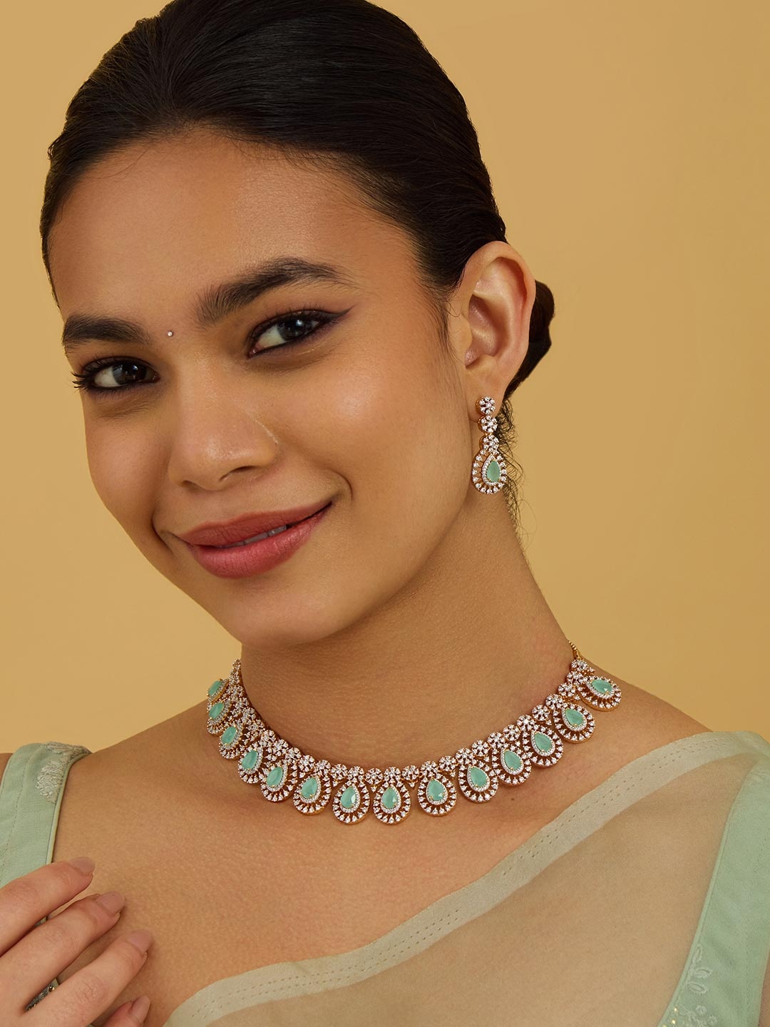 

Kushal's Fashion Jewellery Rhodium Gold-Plated CZ Studded Jewellery Set