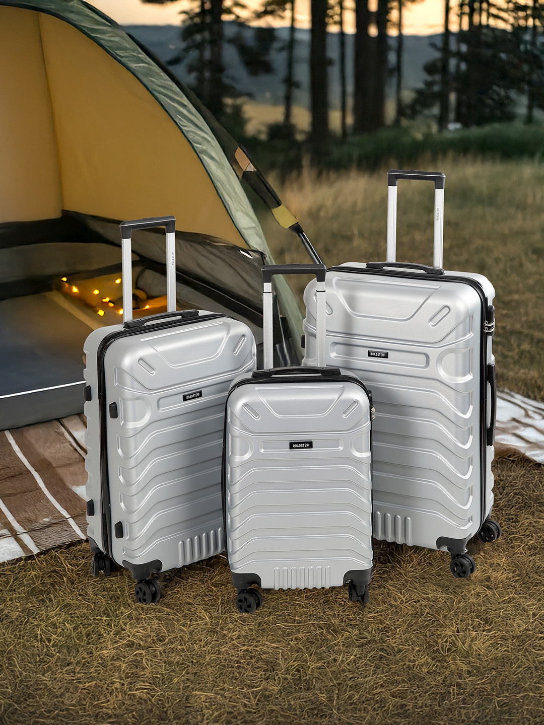 

Roadster Set Of 3 Textured HRD Suitcase Trolley Bag- Cabin, Medium & Large, Grey