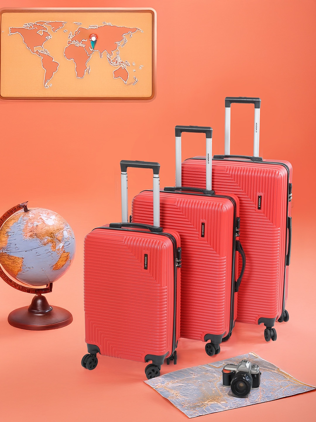 

WROGN Set Of 3 Textured HRD Suitcase Trolley Bag- Cabin, Medium & Large, Red