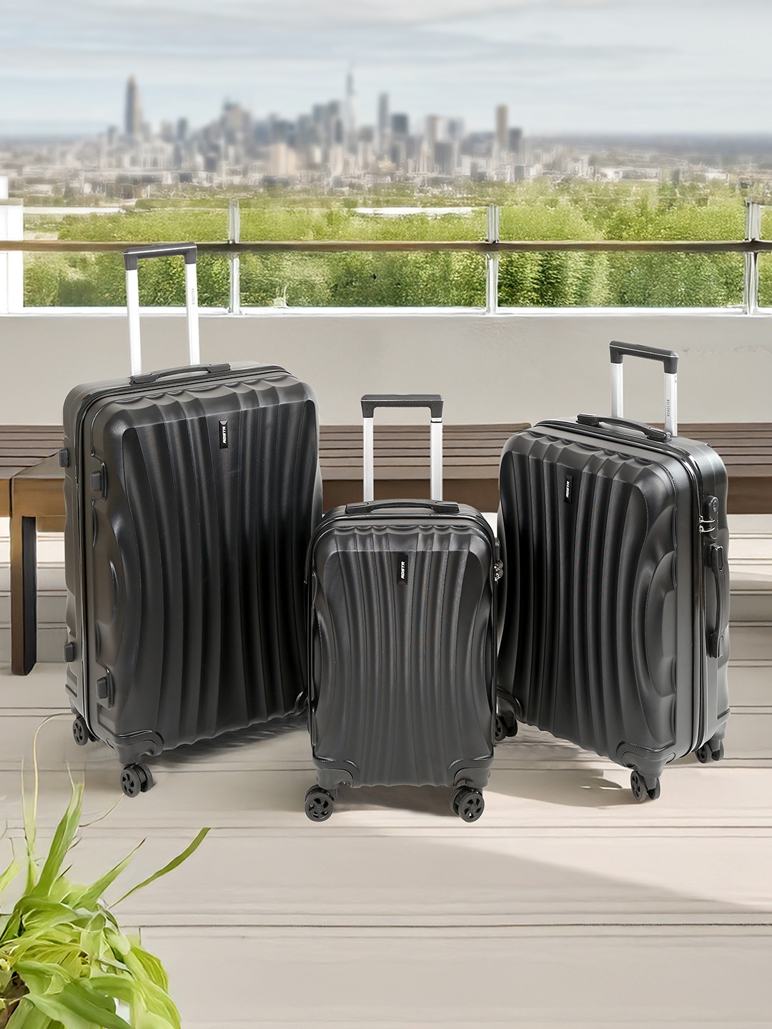 

Roadster Set Of 3 Textured HRD Suitcase Trolley Bag- Cabin, Medium & Large, Black