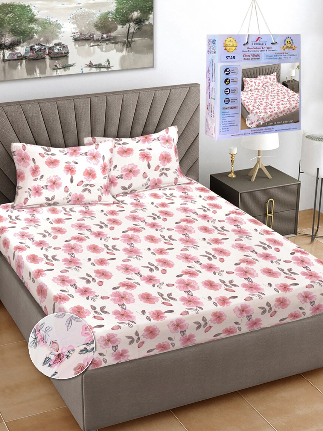 

FABINALIV Pink & White Floral Printed 300 TC King Bedsheet Set-2.50 m X 2.25 m