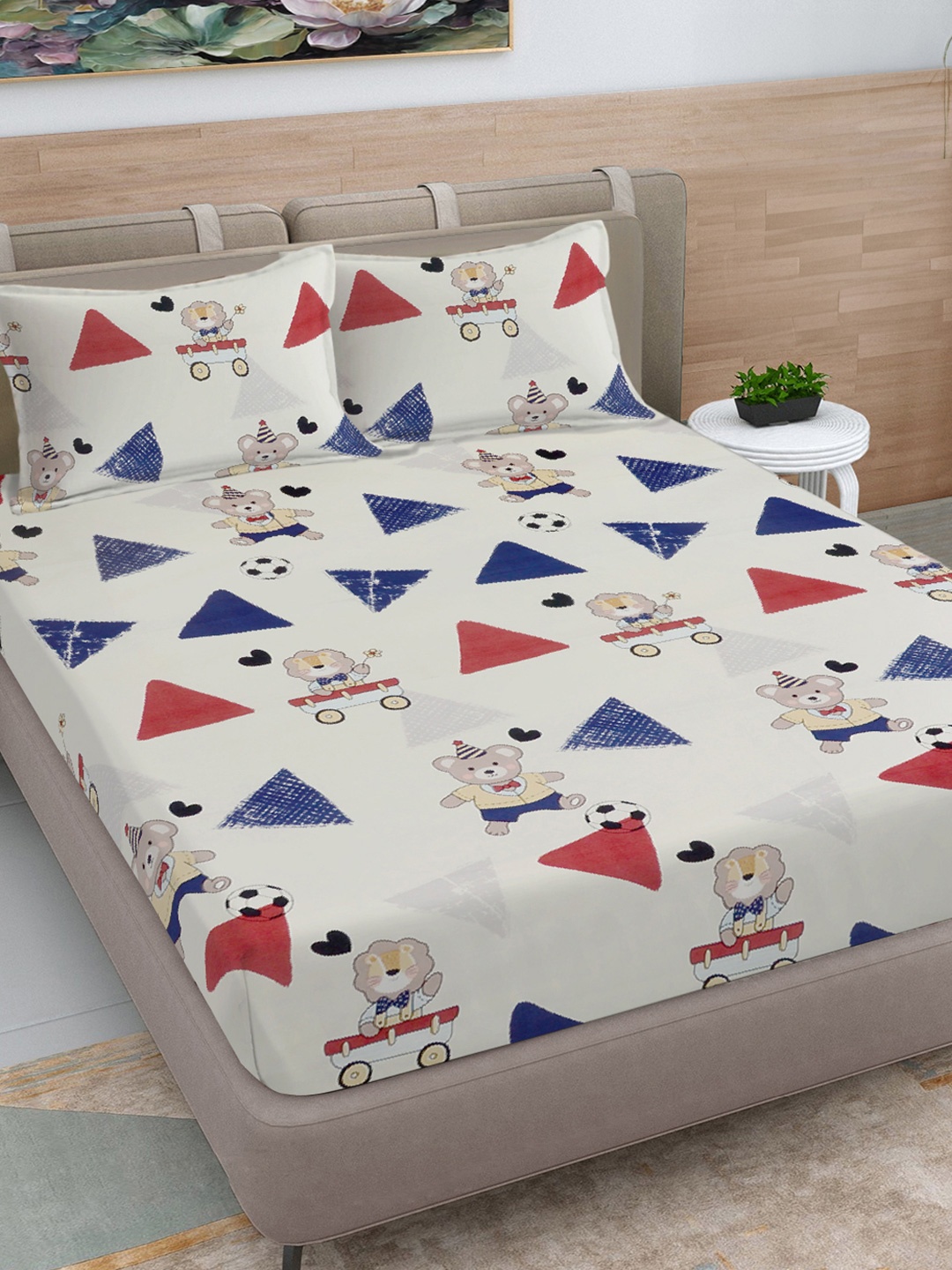 

FABINALIV White & Blue Cartoon Characters Printed 300 TC King Bedsheet Set-2.50 m X 2.25 m