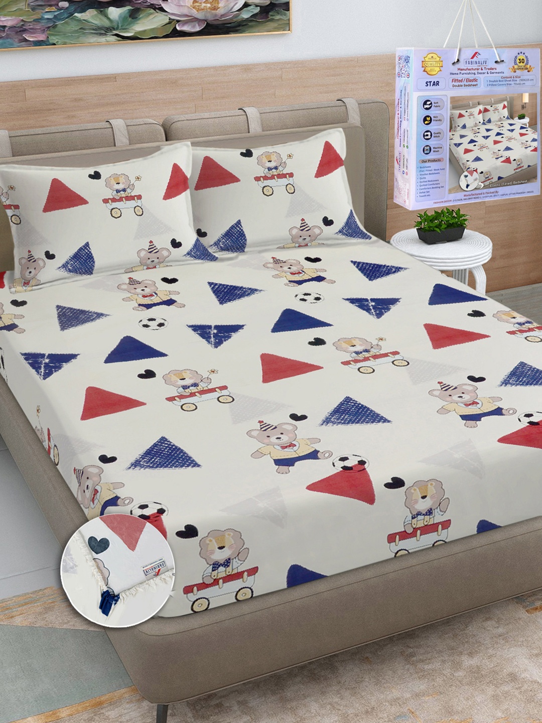 

FABINALIV White & Blue Cartoon Characters Printed 300 TC King Bedsheet Set-2.50 m X 2.25 m