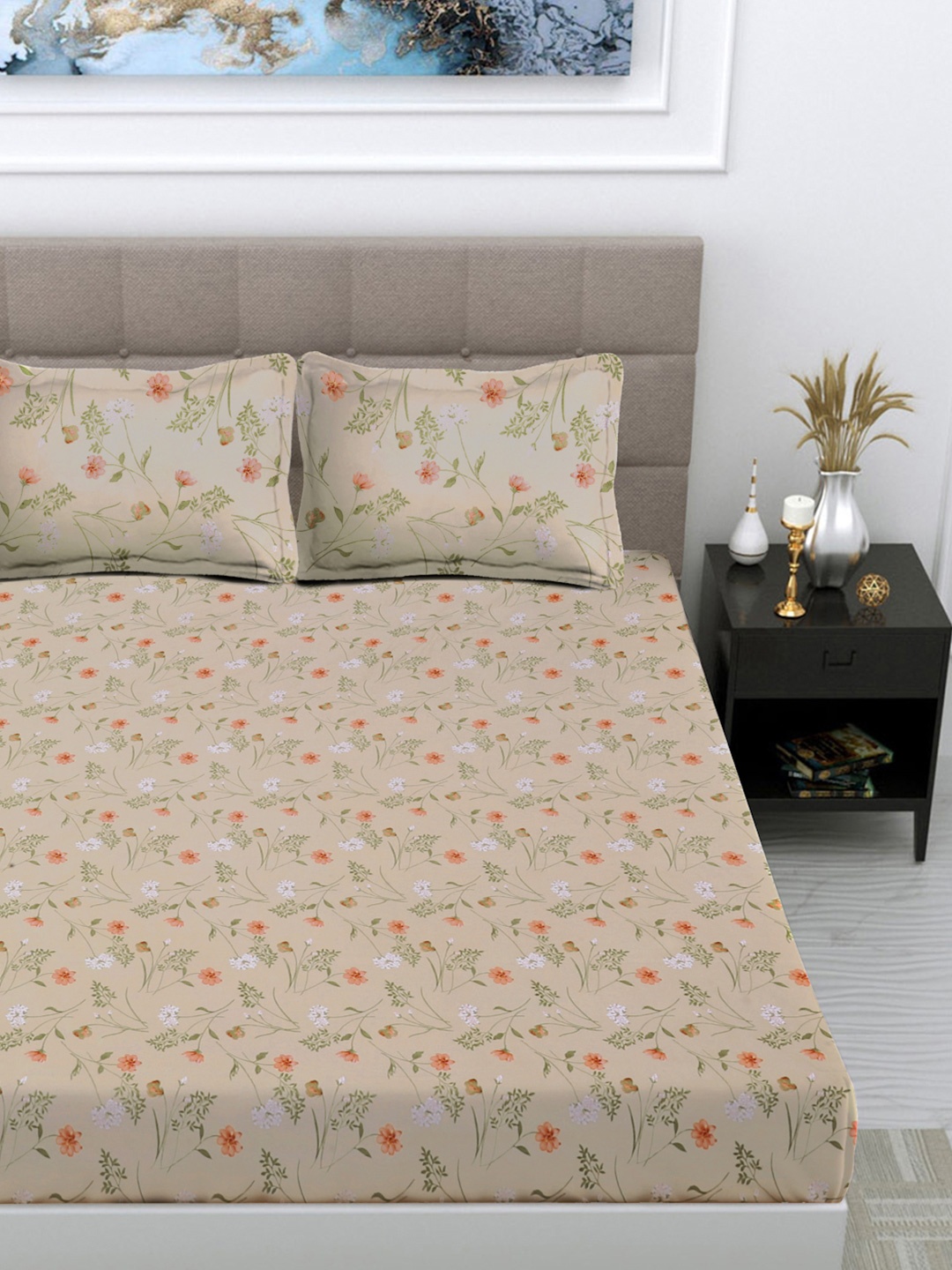 

FABINALIV Cream-Coloured & Green Floral Printed 300 TC King Bedsheet Set-2.50 m X 2.25 m