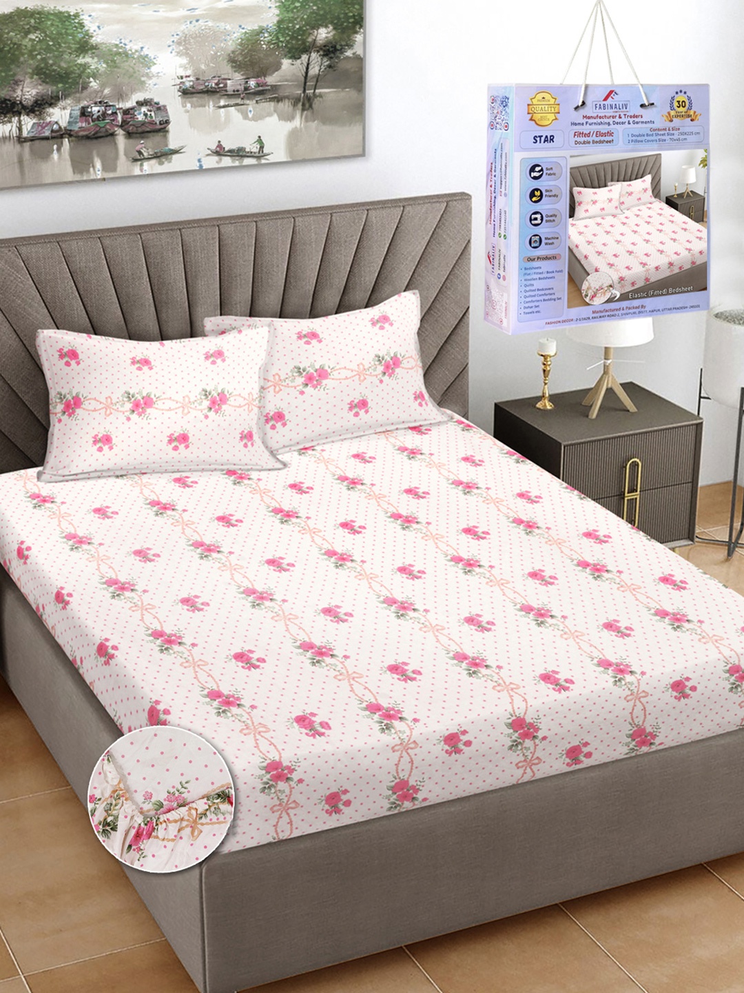 

FABINALIV White & Pink Floral Printed 300 TC King Bedsheet Set-2.50 m X 2.25 m