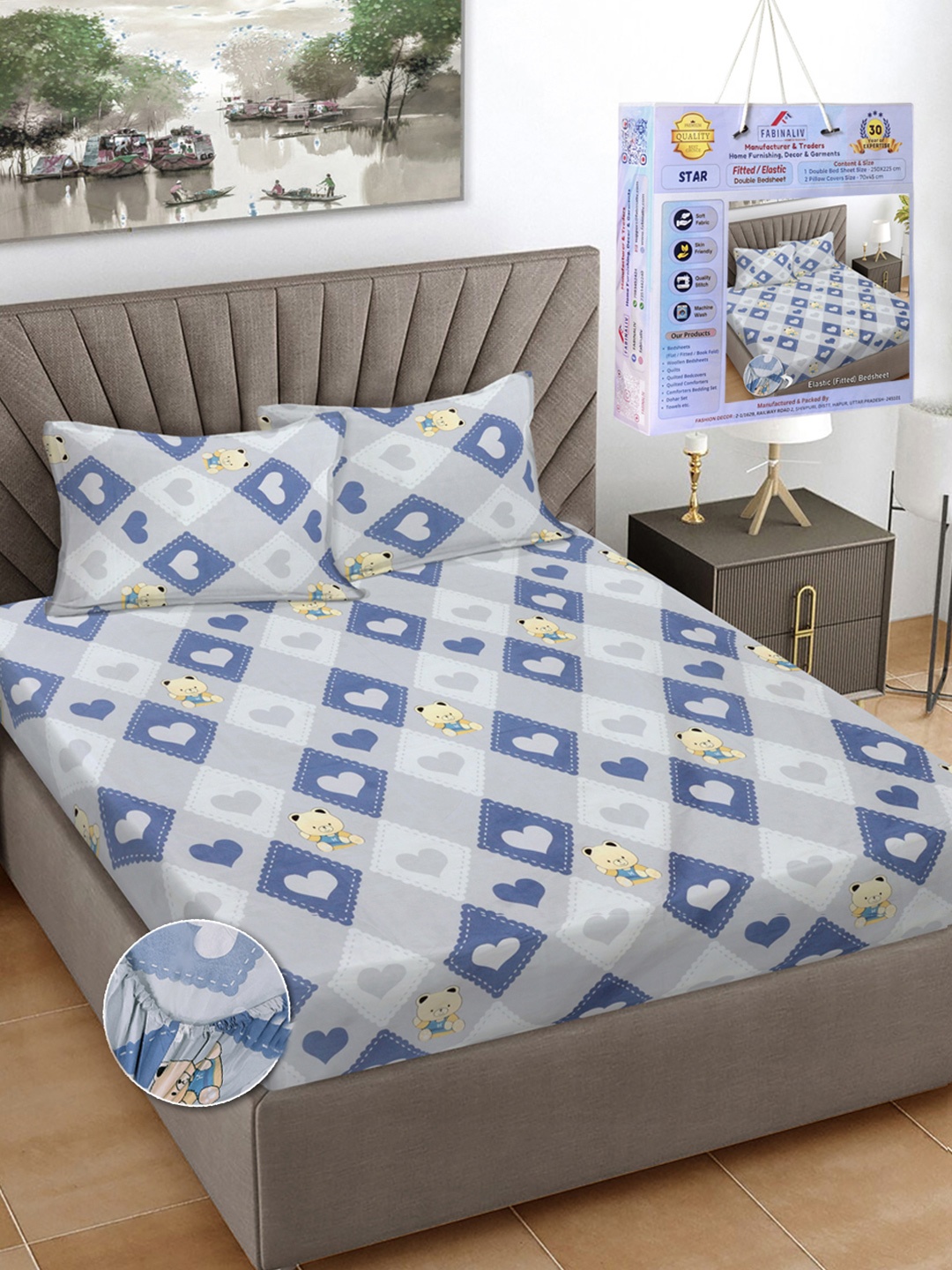 

FABINALIV Blue & Grey Conversational Printed 300 TC King Bedsheet Set-2.50 m X 2.25 m