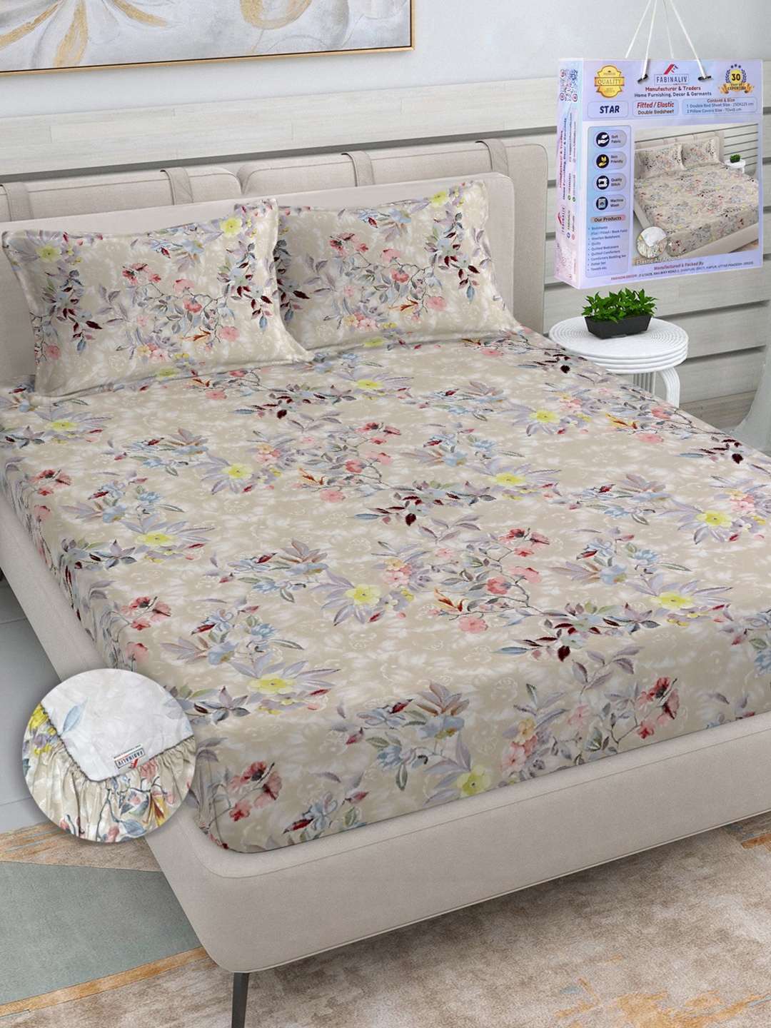 

FABINALIV Grey & Blue Floral Printed 300 TC King Bedsheet Set-2.50 m X 2.25 m