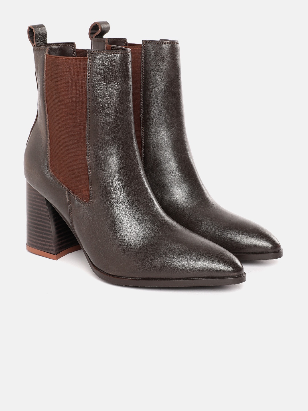 

Lino Perros Women Point Toe Chelsea Boots with Block Heels, Coffee brown